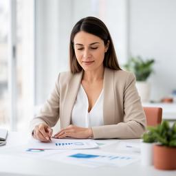 Asesora financiera revisando gráficos en una oficina luminosa de Andalucía