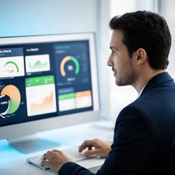 Experto tecnológico analizando una interfaz de finanzas personales en pantalla