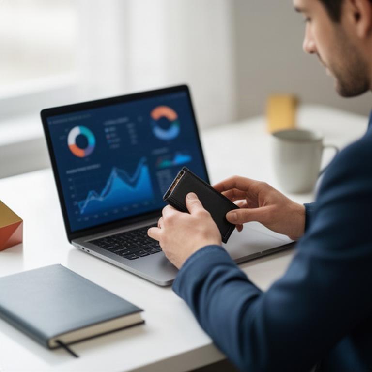 Persona revisando una cartera de inversión junto a un portátil con gráficos de asignación de activos en una mesa luminosa